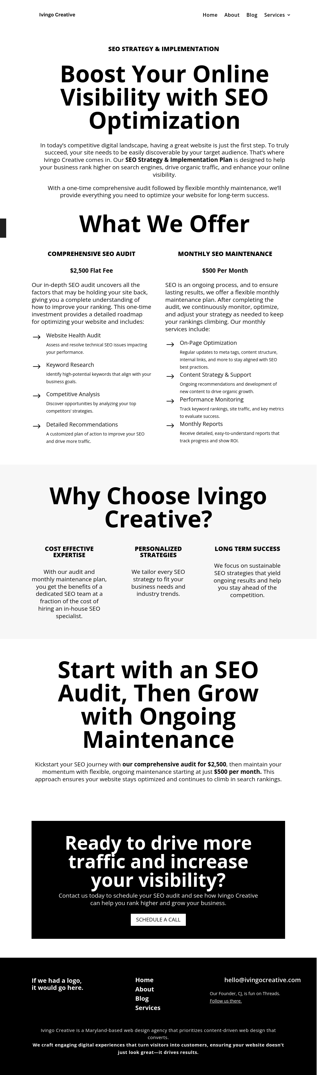 Live Screenshot of Ivingo Creative's SEO Services Landing Page on September 7th, 2024