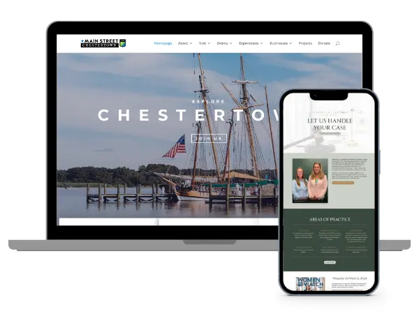 Laptop and Phone Mockup including web designs by Ivingo Creative such as Main Street Chestertown and Campbell and Furneisen Law Firm